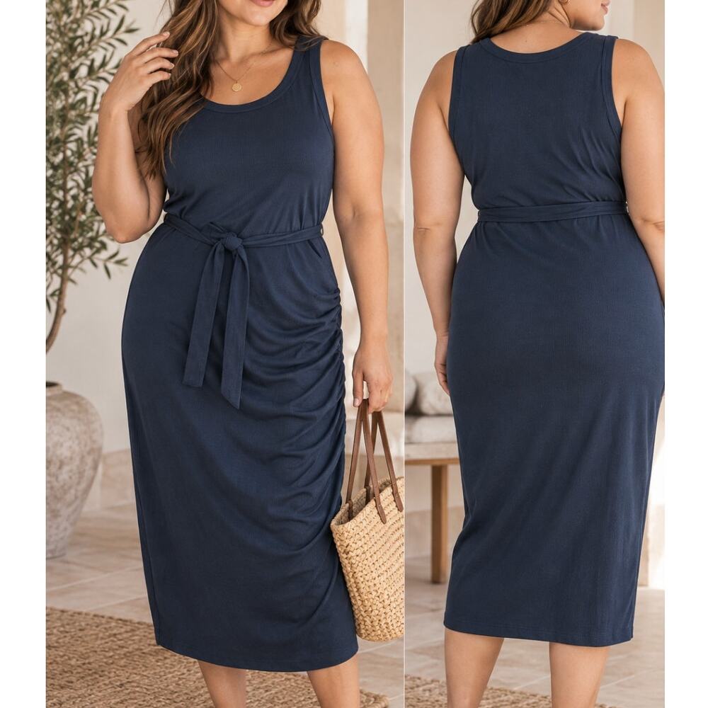 Michael Stars Hope Midi Dress Ultra Rib Admiral Blue 2X NWT Coastal Casual